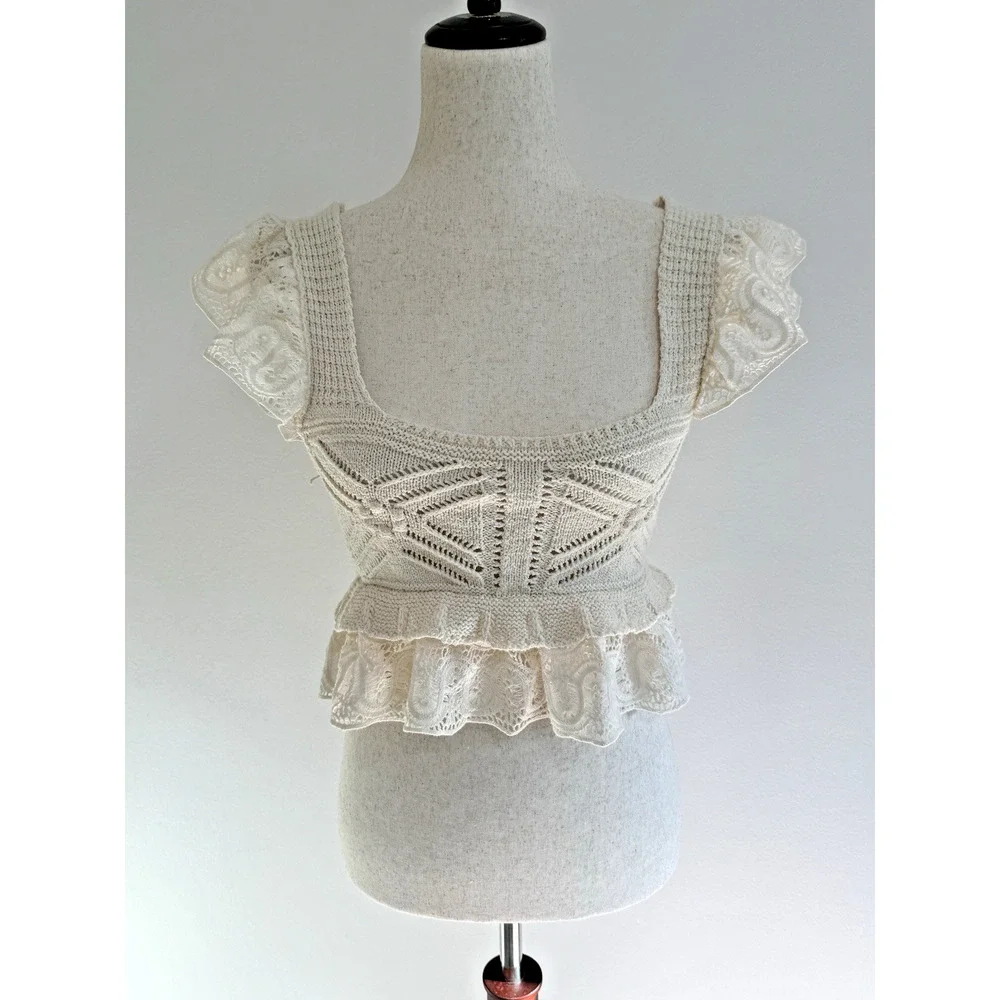 Zara Cream Crochet Tank Size Small Ruffle Sleeve Peplum Crop Style Cream Ivory